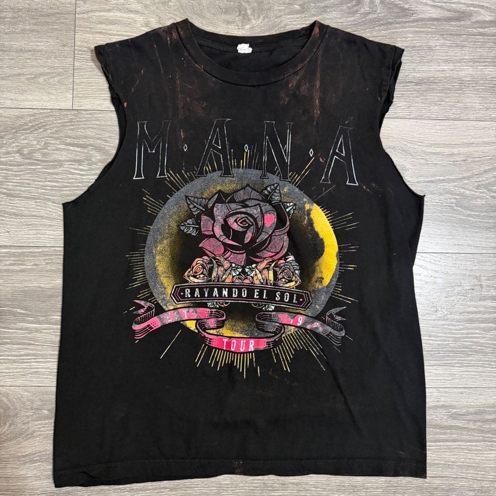 Mana Rayando El Sol 2019 Tour Muscle Tank Black Bleach Distressed S Women Cotton